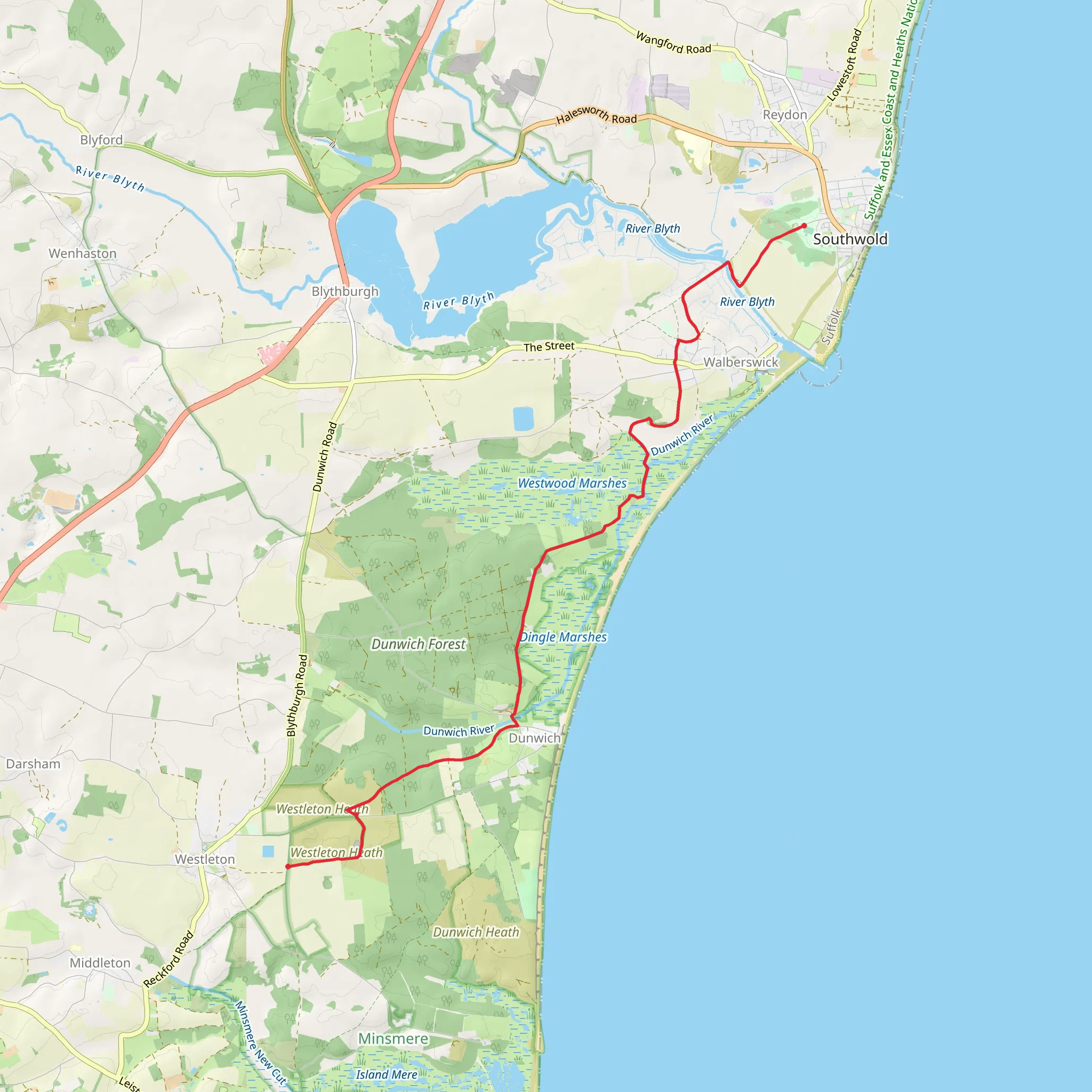 Westleton to Southwold Common Walk mobile static map