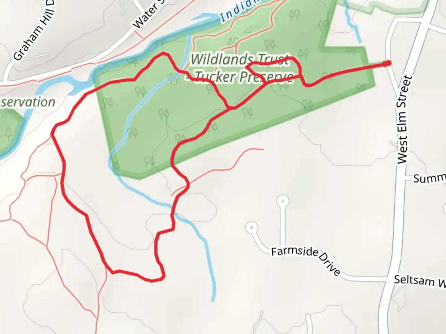 An image depicting the trail Wildlands Trust - Tucker Preserve Loop via Old West Elm Street and its surrounding area.