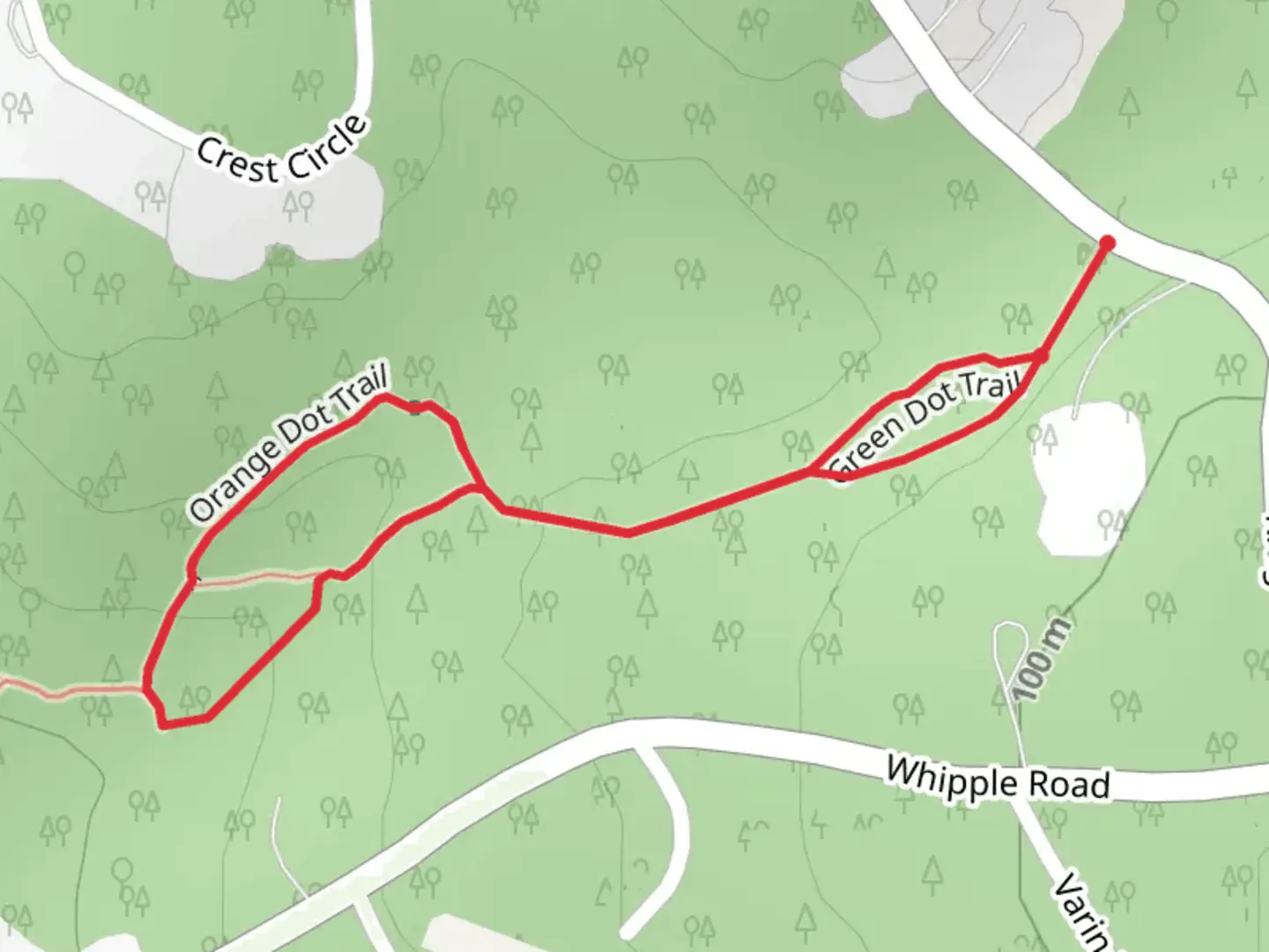 An image depicting the trail Green Dot, Orange Dot and White Dot Trail and its surrounding area.