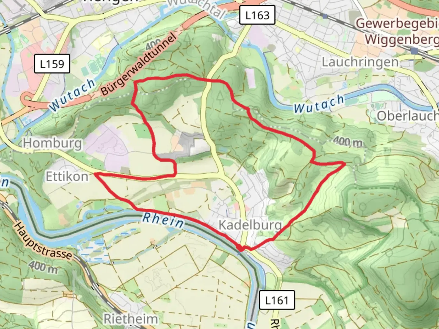 An image depicting the trail Hochrhein Hoehenweg and Rhein and its surrounding area.