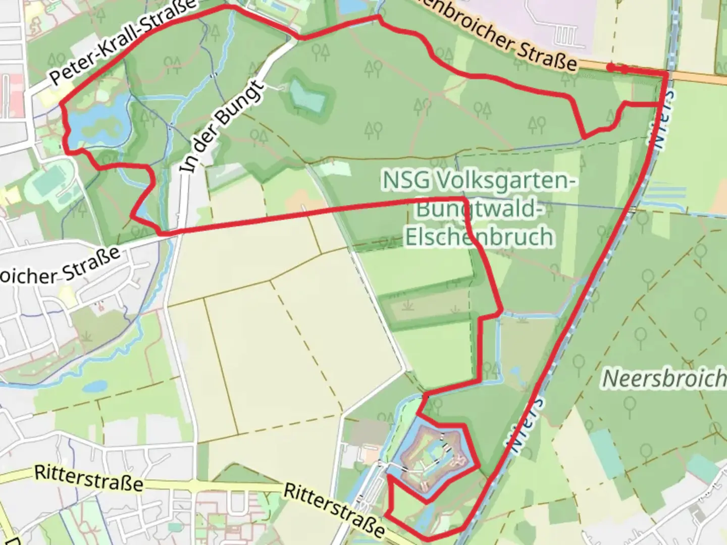 An image depicting the trail Volksgartenweiher and NSG Volksgarten Bungtwald Elschenbruch and Schloss Rheydt Loop and its surrounding area.