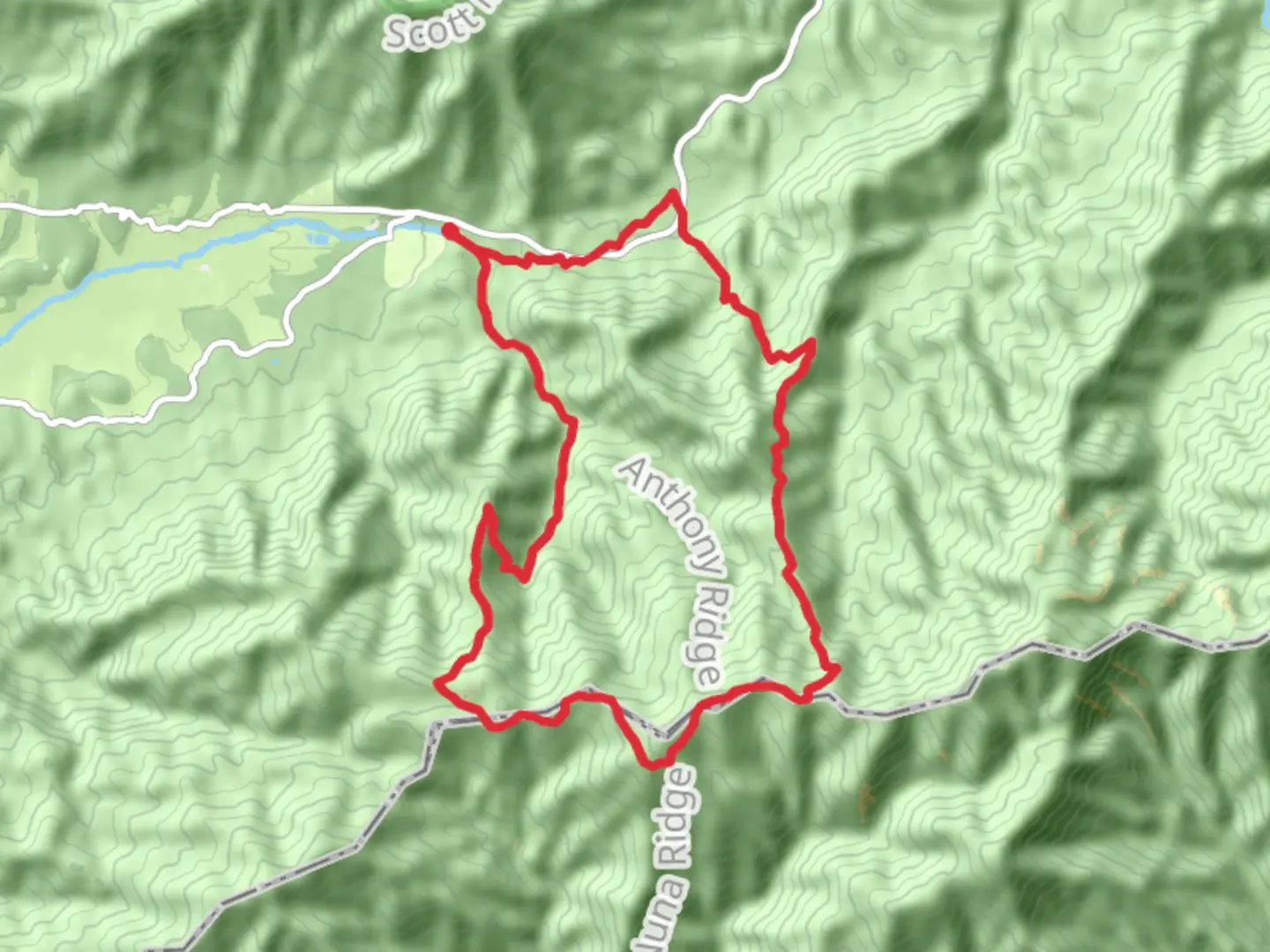 An image depicting the trail Anthony Creek, Maple Sugar Gap and Bote Mountain Loop Trail and its surrounding area.