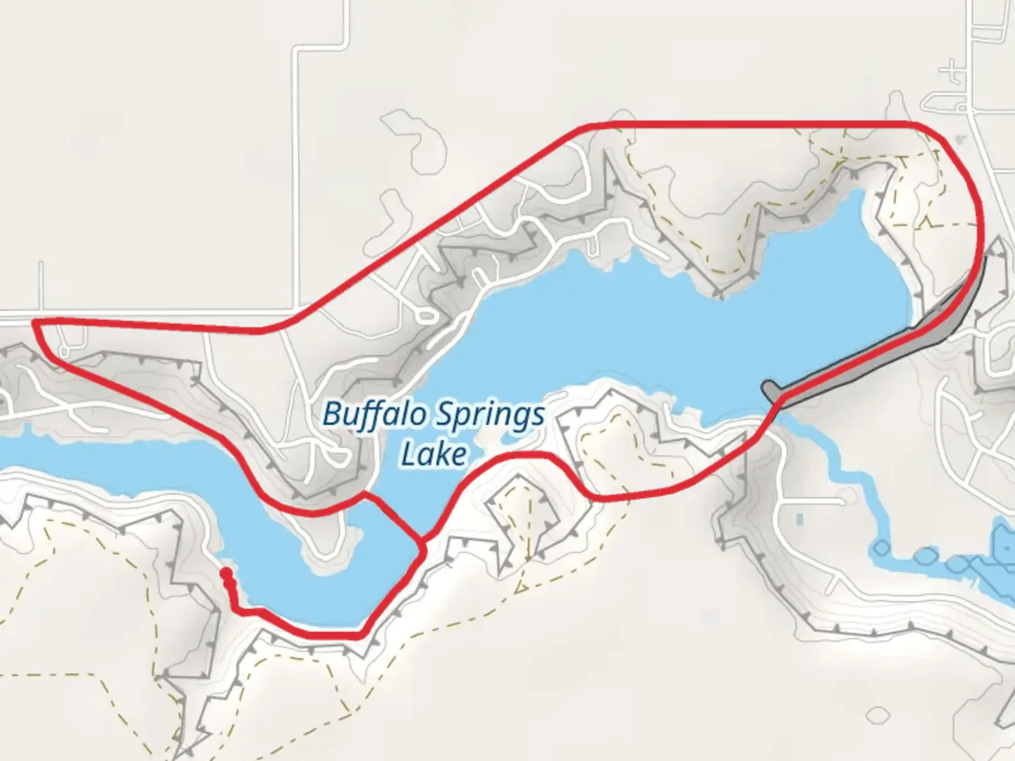 An image depicting the trail Buffalo Springs Lake Loop and its surrounding area.
