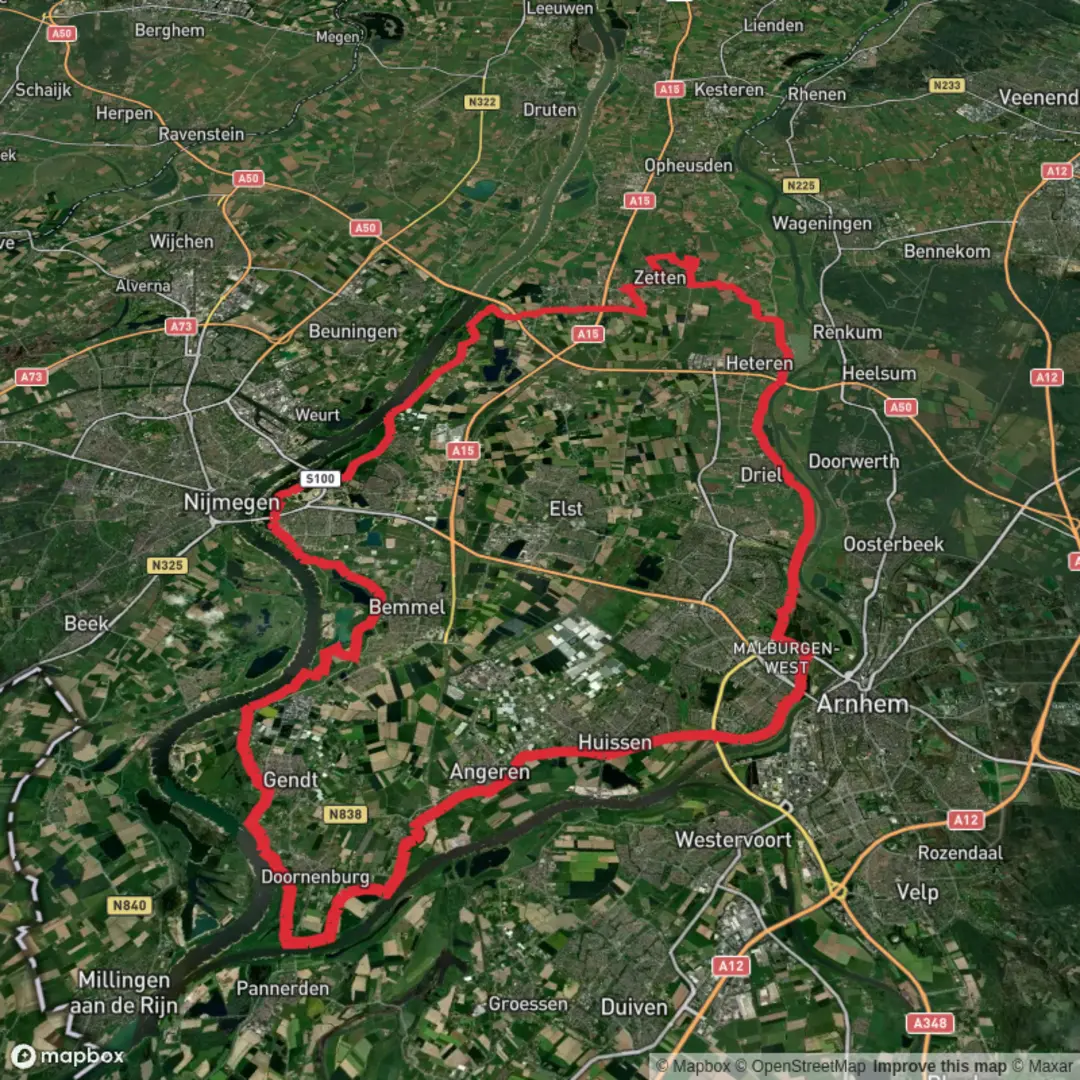An image depicting the trail Arnhem, Bemmelsche and Plas van van Wijck via Grote Griel and Nijburgsestraat and its surrounding area.