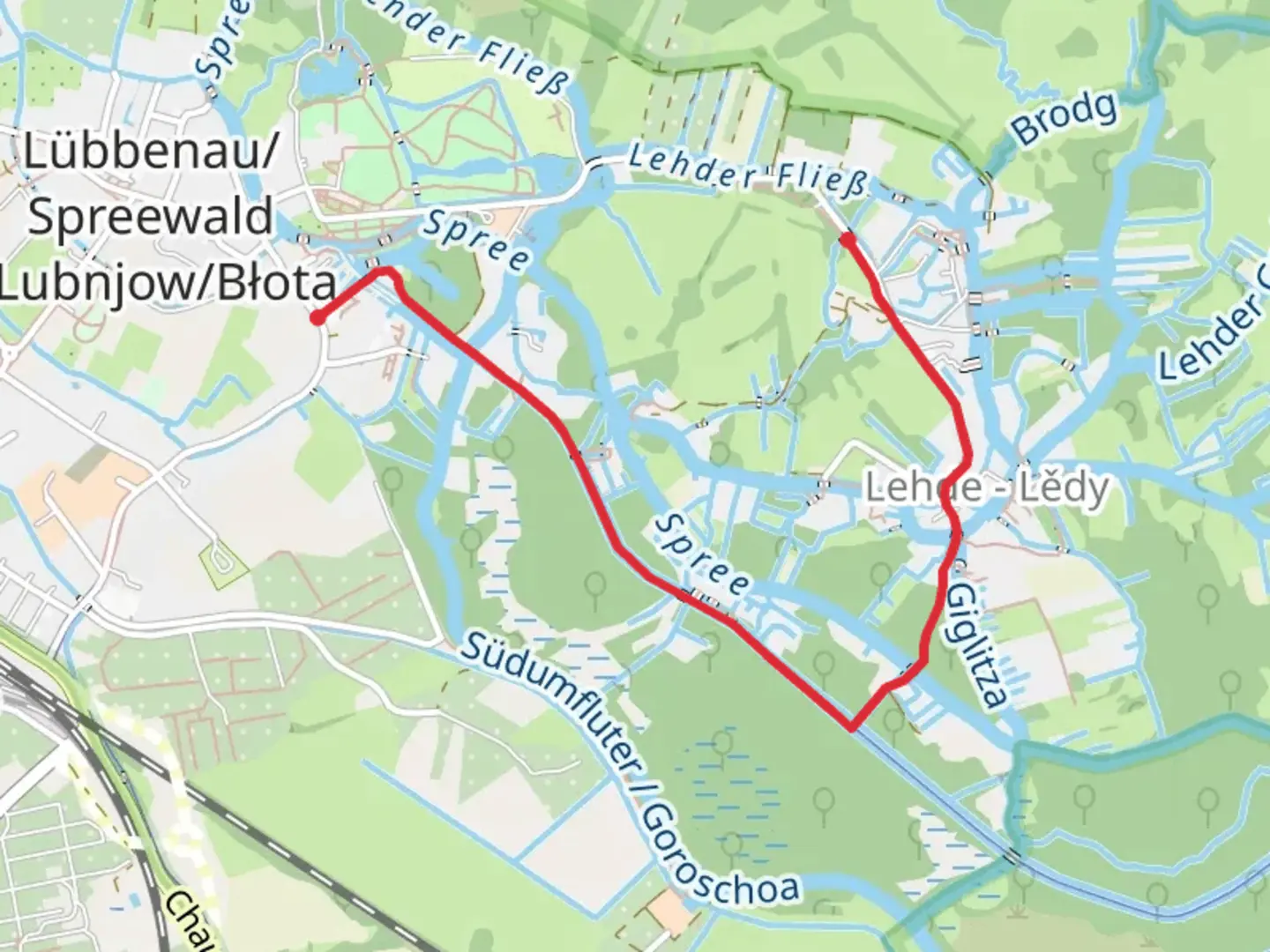 An image depicting the trail SpreeNav Kanal via Am Neuen Fließ and its surrounding area.