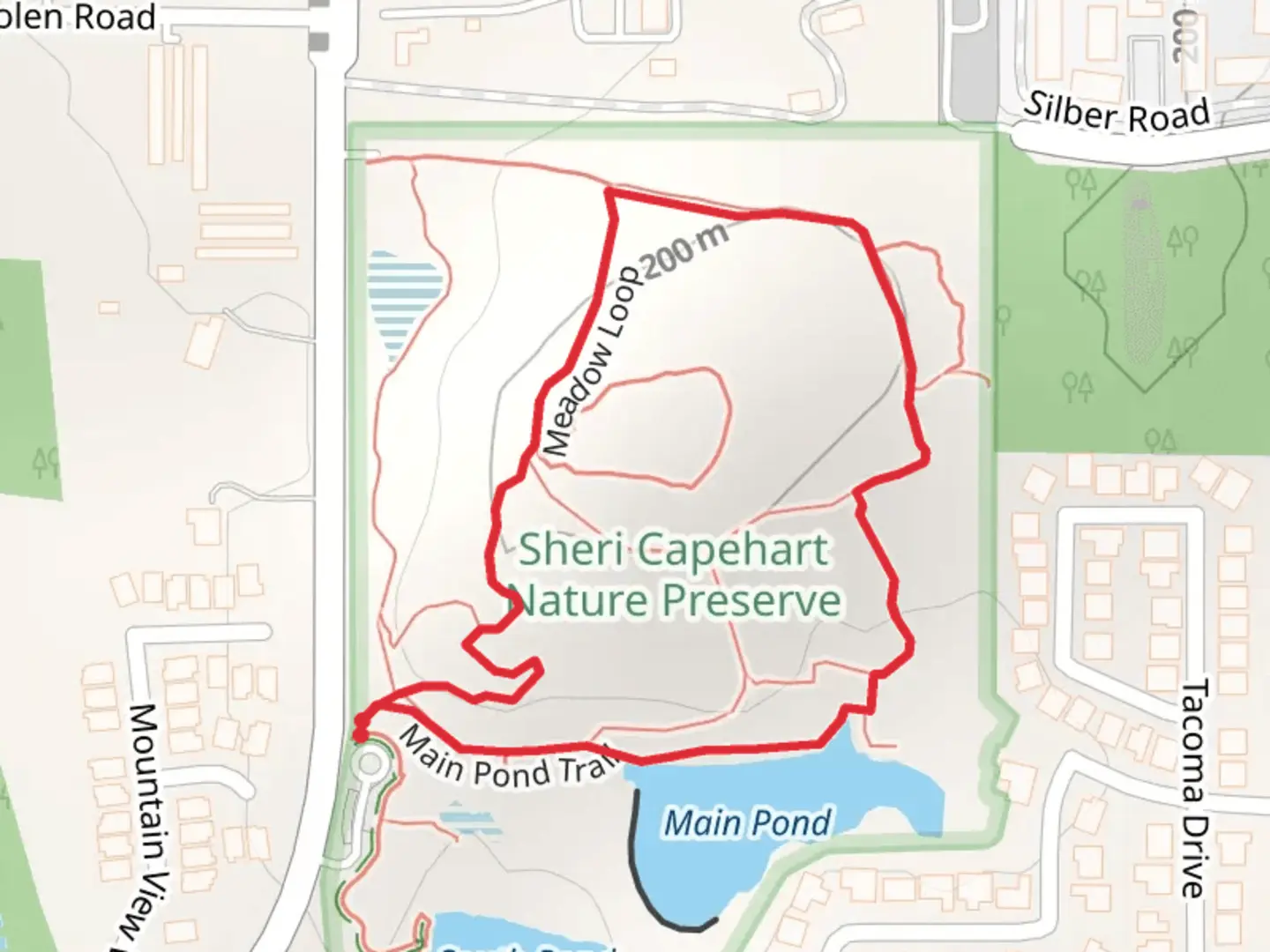 An image depicting the trail Meadow Loop and Main Pond Loop and its surrounding area.
