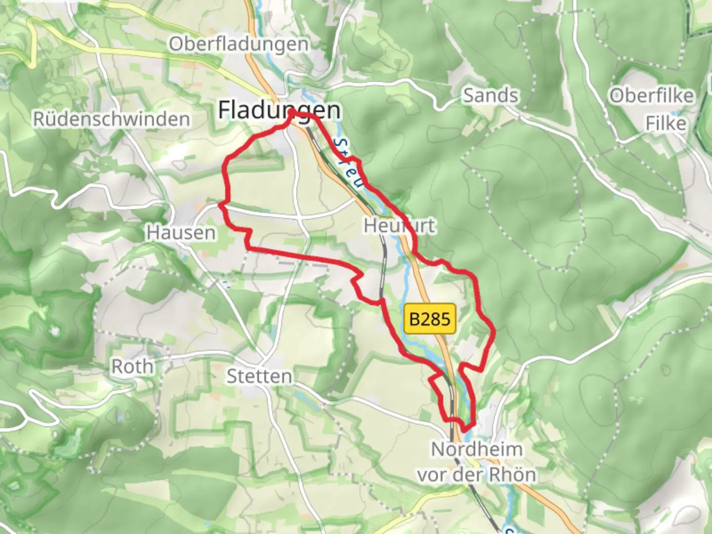 An image depicting the trail Fladungen to Nordheim vor der Rhon Loop and its surrounding area.