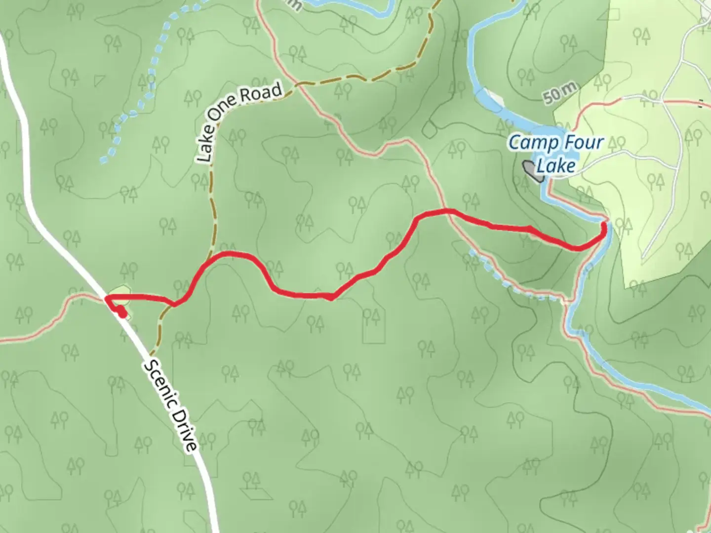 An image depicting the trail Camp Four Lake and Quantico Cascades Trail and its surrounding area.