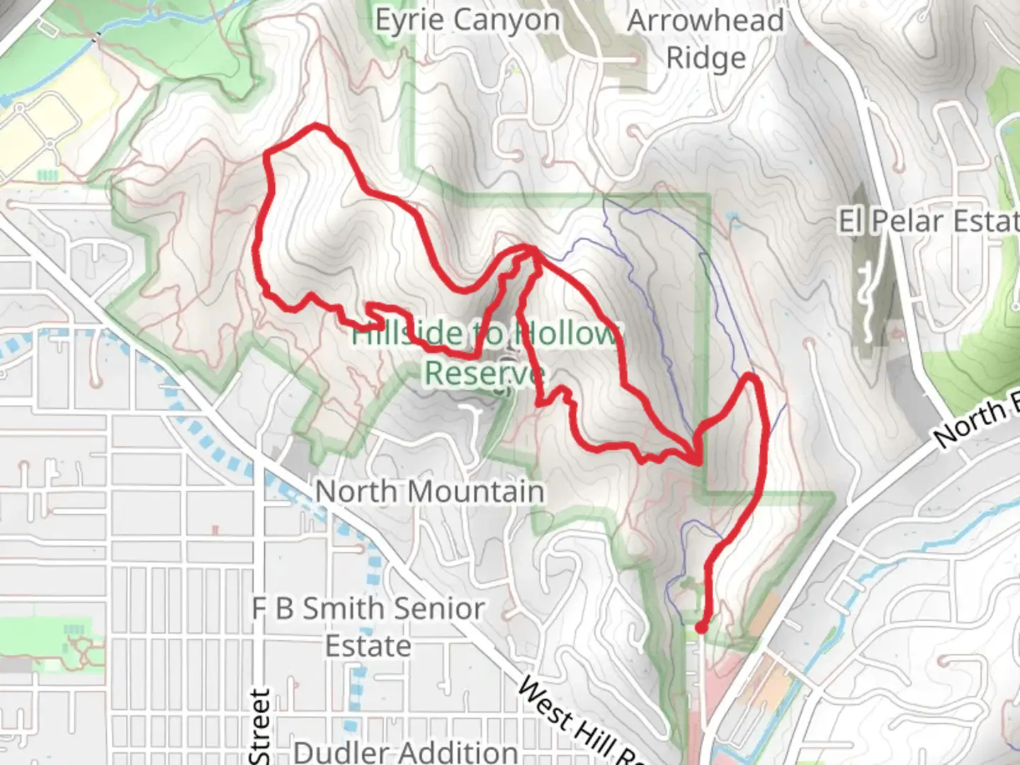 An image depicting the trail Harrison Hollow Trail and Kemper’s Ridge Loop and its surrounding area.