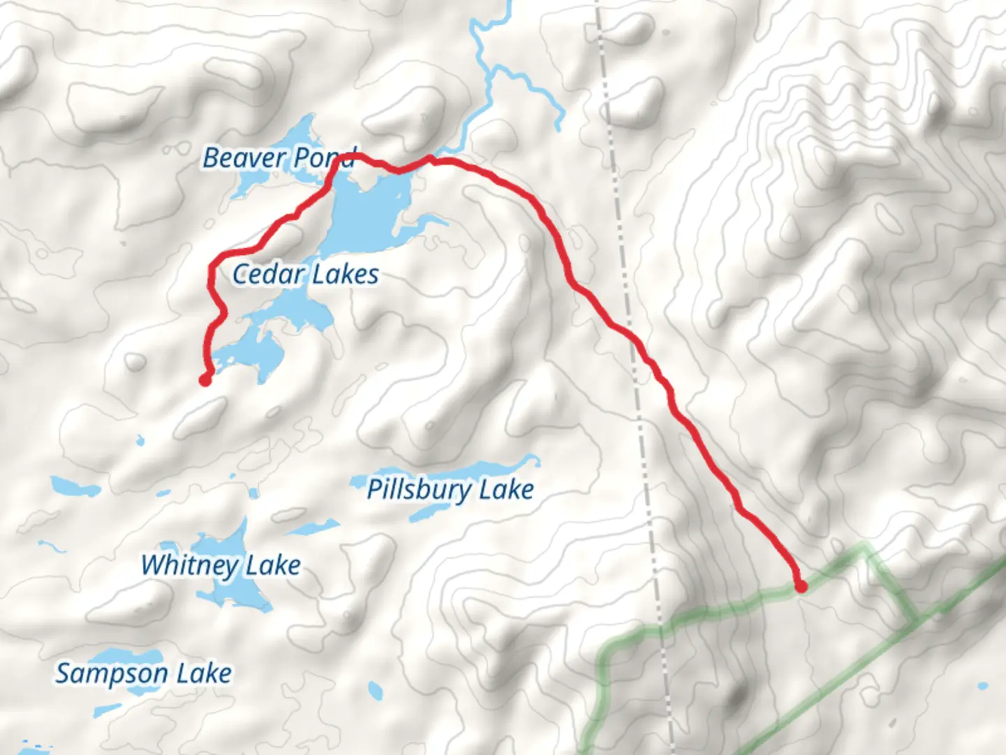 An image depicting the trail Cedar Lake via French Louie Trail and its surrounding area.