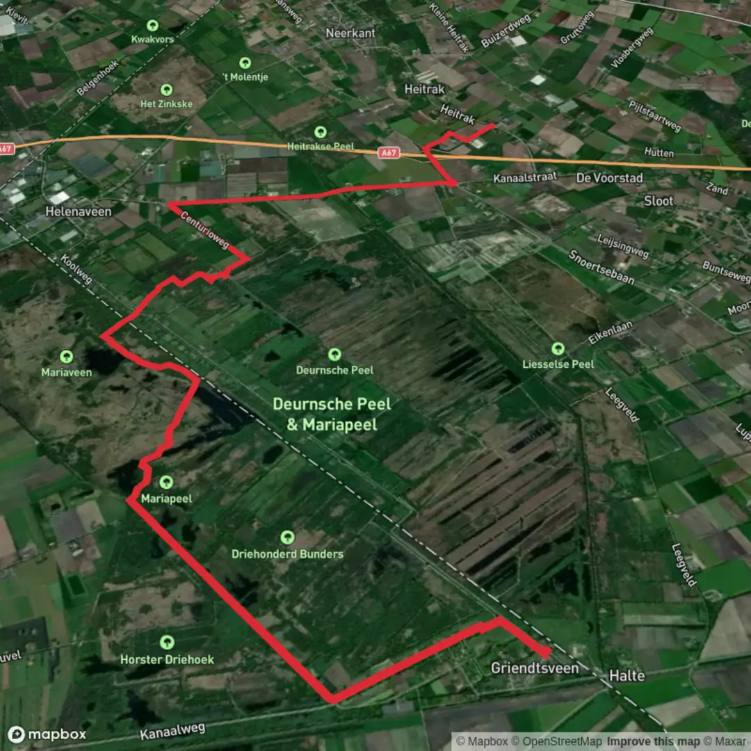 An image depicting the trail Kerk to Rechte Heitraksedijk via Griendtsveen and Mariapeel and its surrounding area.