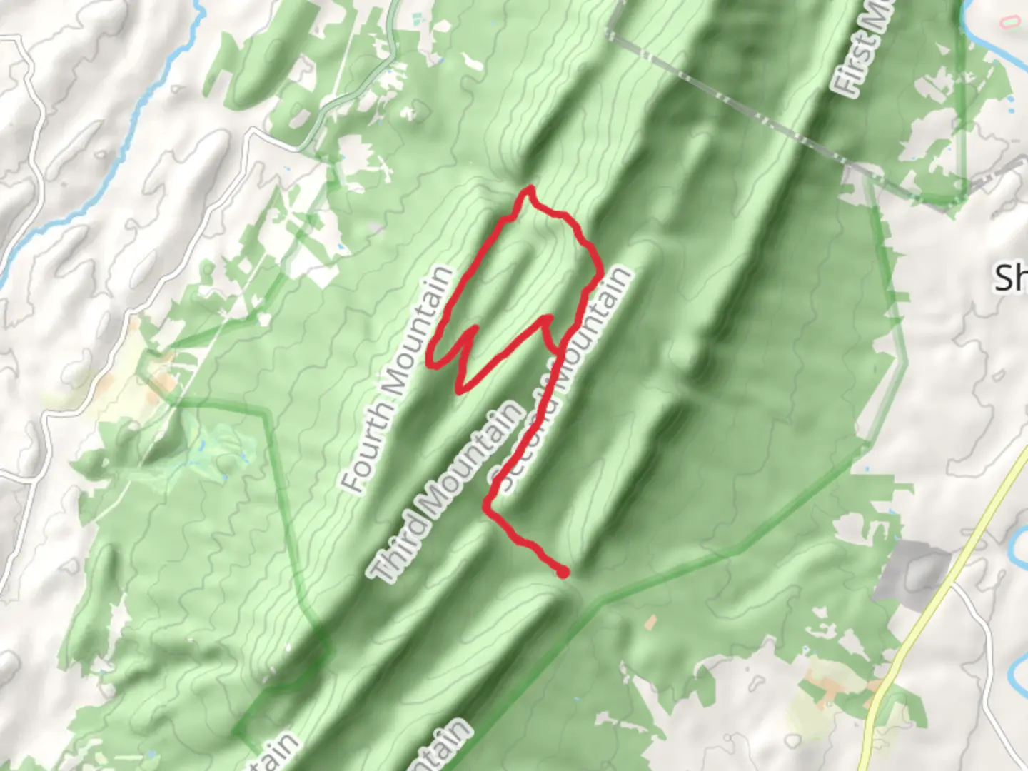 An image depicting the trail Fourth Mountain via Massanutten South Trail Loop and its surrounding area.