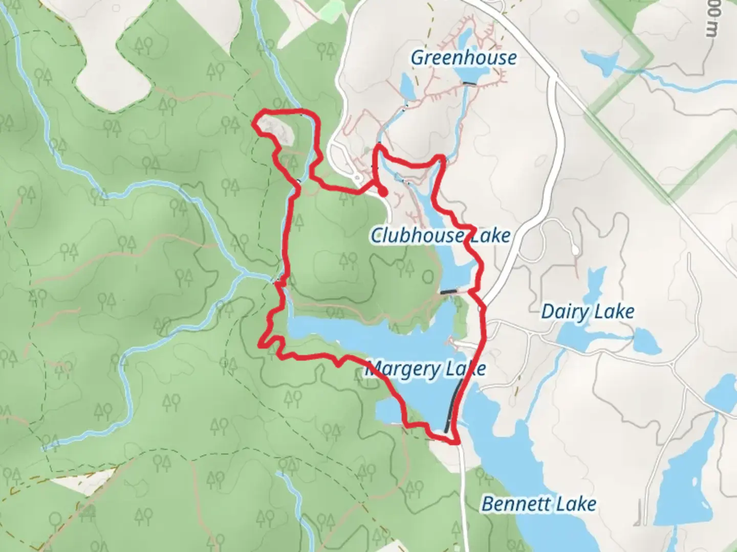 An image depicting the trail Clubhouse Lake and Margery Lake Loop and its surrounding area.