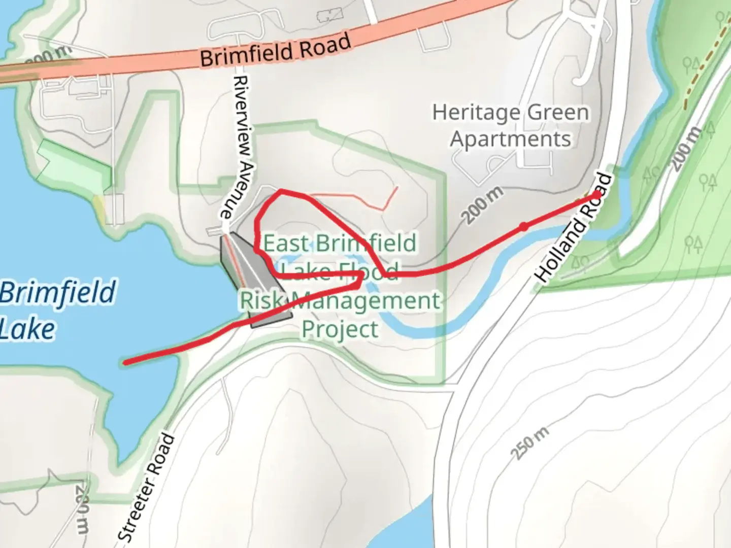 An image depicting the trail East Brimfield Lake Trail via Holland Road and its surrounding area.