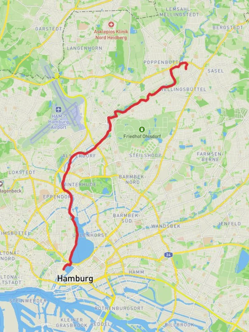 An image depicting the trail Poppenbuttel to Hamburg Walk via River Alster and its surrounding area.