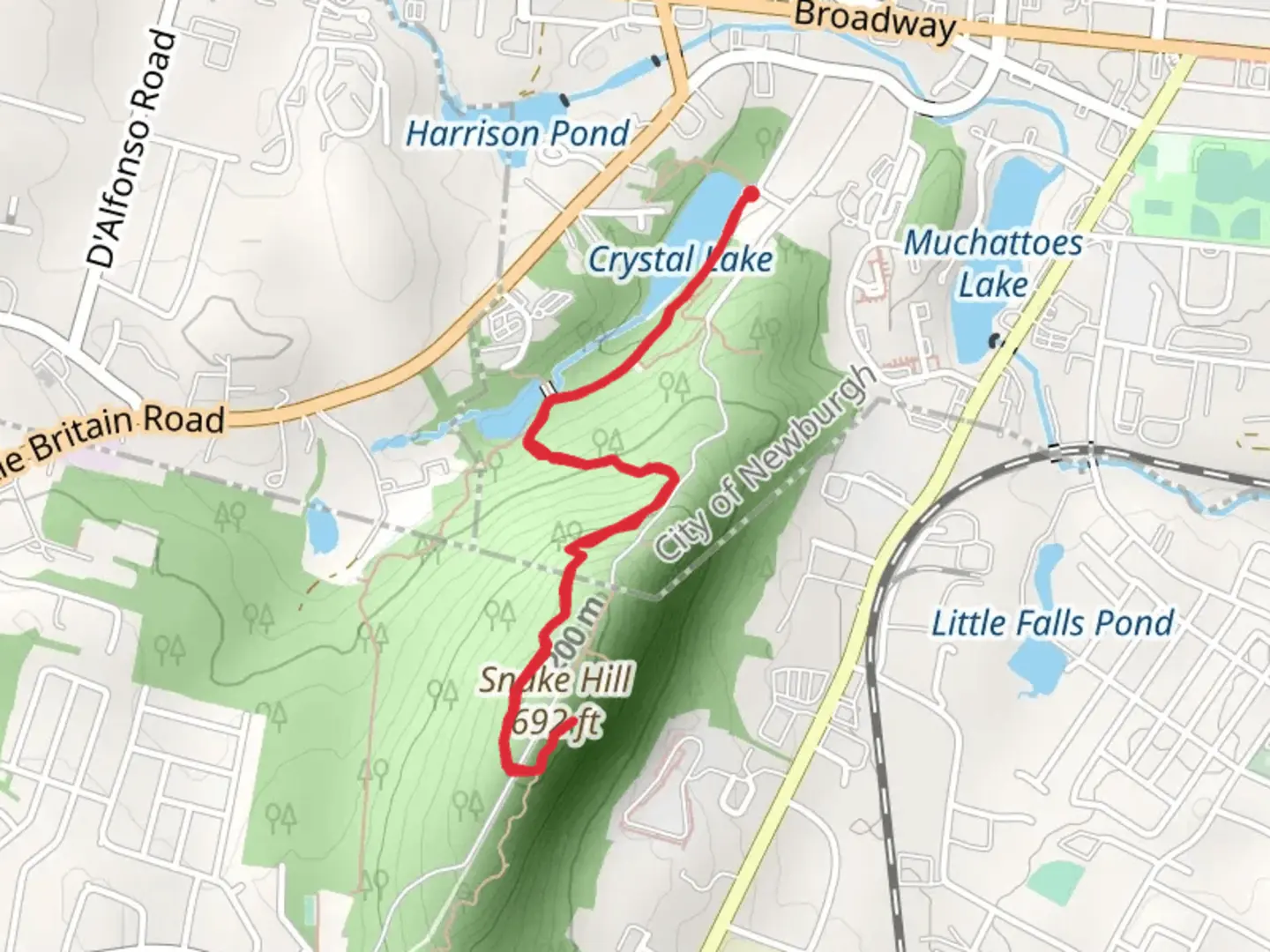 An image depicting the trail Crystal Lake to Snake Hill Trail and its surrounding area.