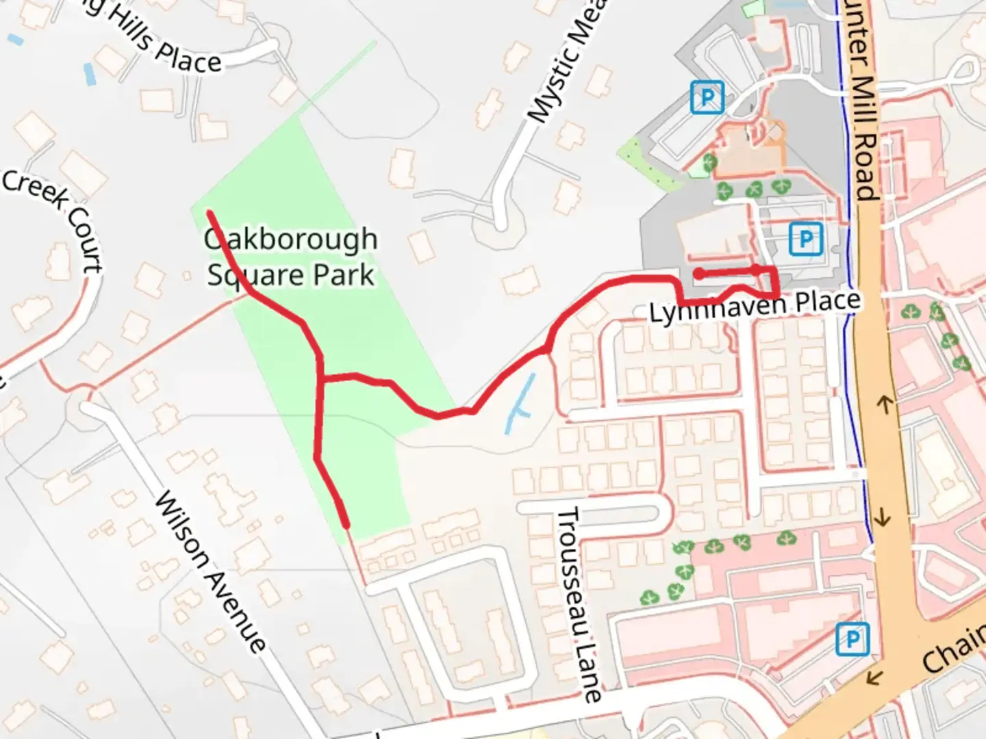 An image depicting the trail Oakborough Square Park Walk and its surrounding area.