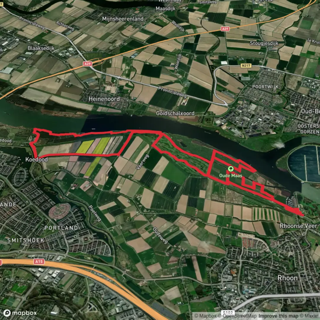 An image depicting the trail Groen Lint Langs de Oude Maas Loop and its surrounding area.