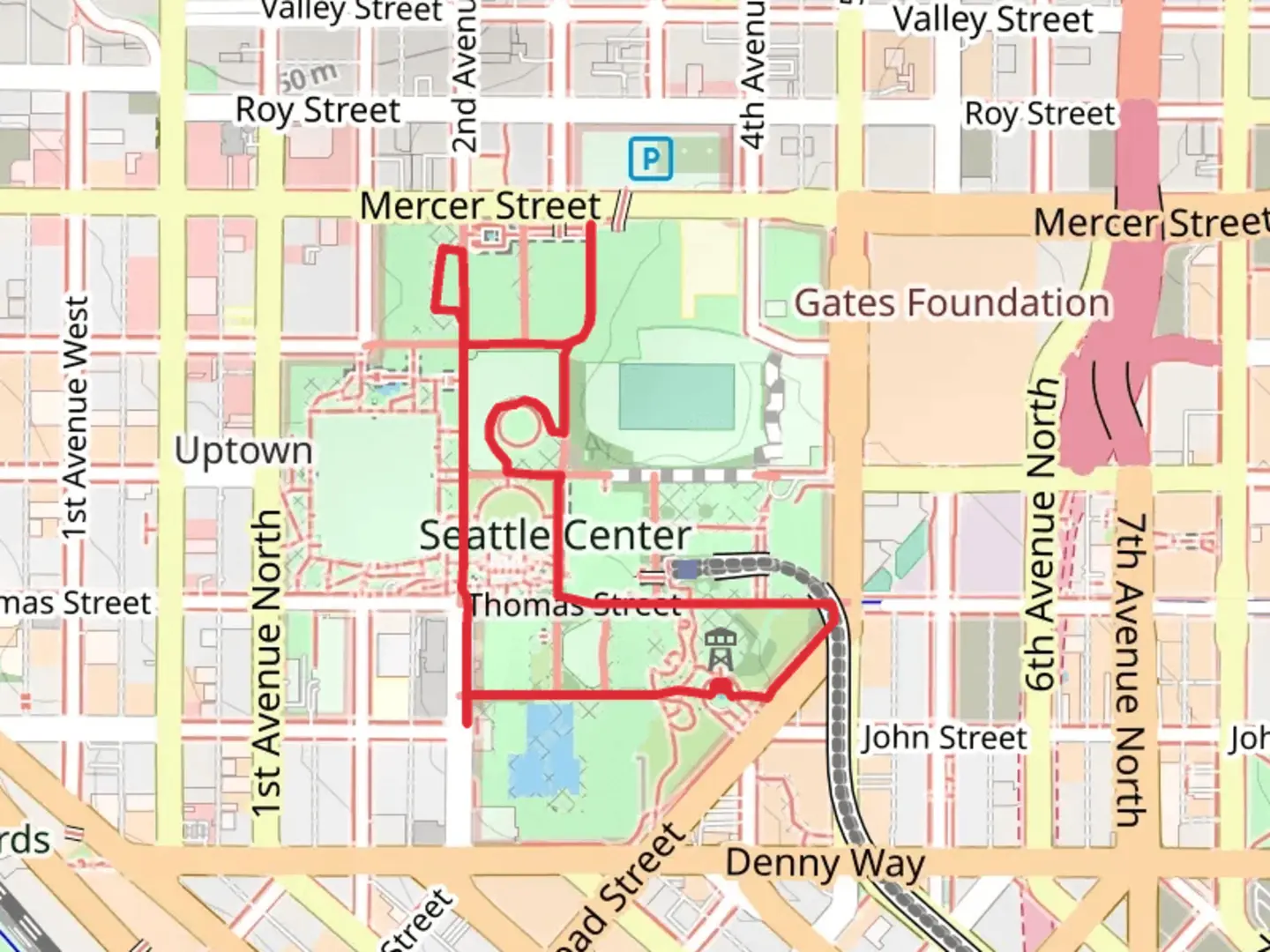An image depicting the trail Thomas Street and Fountain Lawn Loop and its surrounding area.