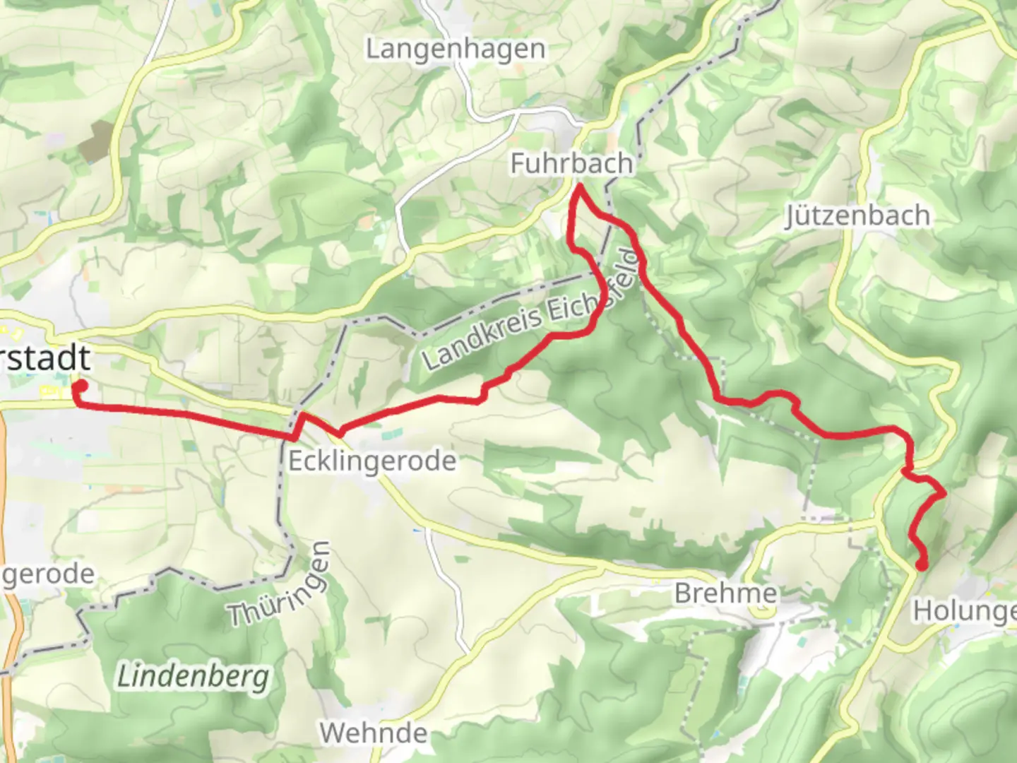 An image depicting the trail Holungen to Duderstadt Walk and its surrounding area.