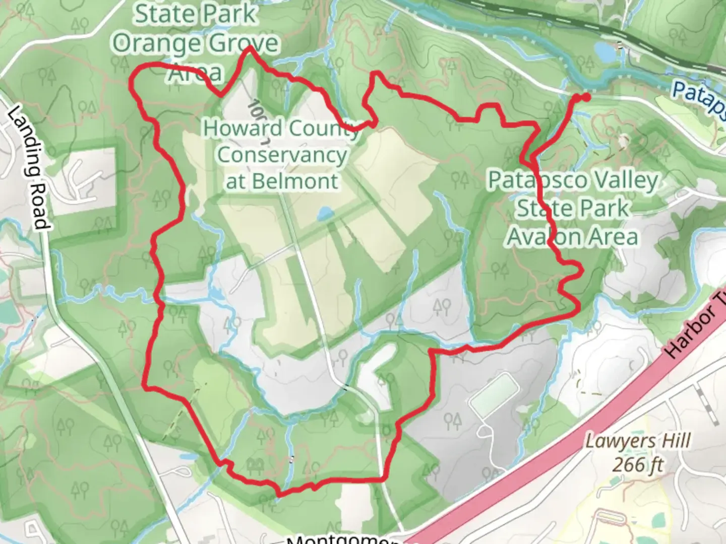An image depicting the trail Morning Choice Trail, Belmont Trail and Hop The Snake Loop and its surrounding area.