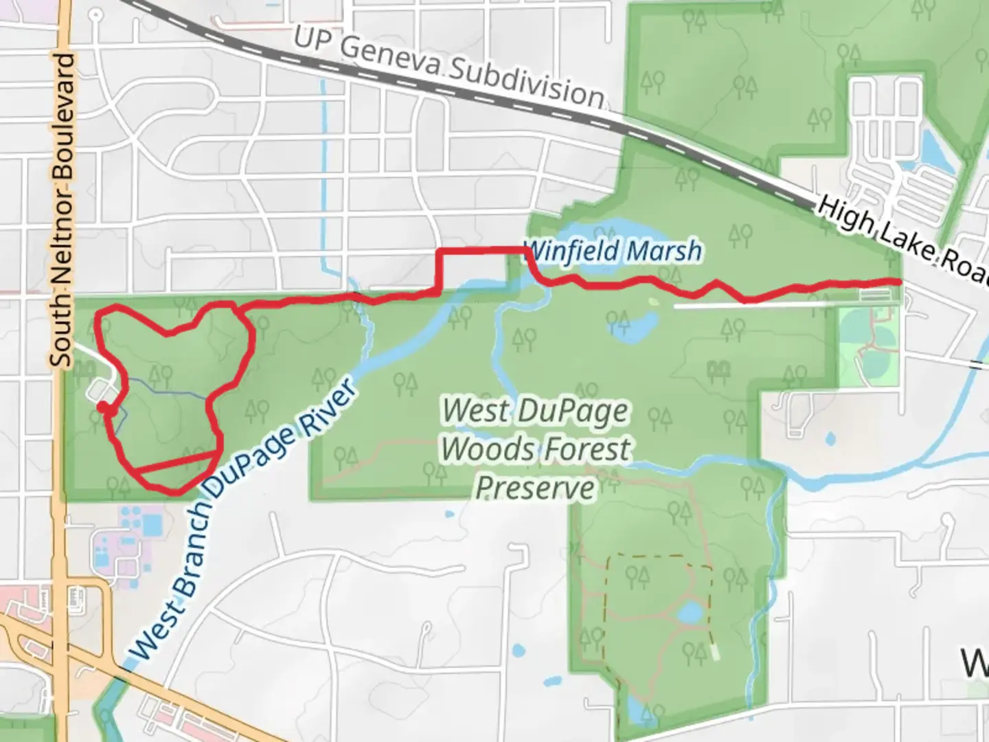 An image depicting the trail West Branch DuPage River Trail and Red Oak Loop Trail and its surrounding area.