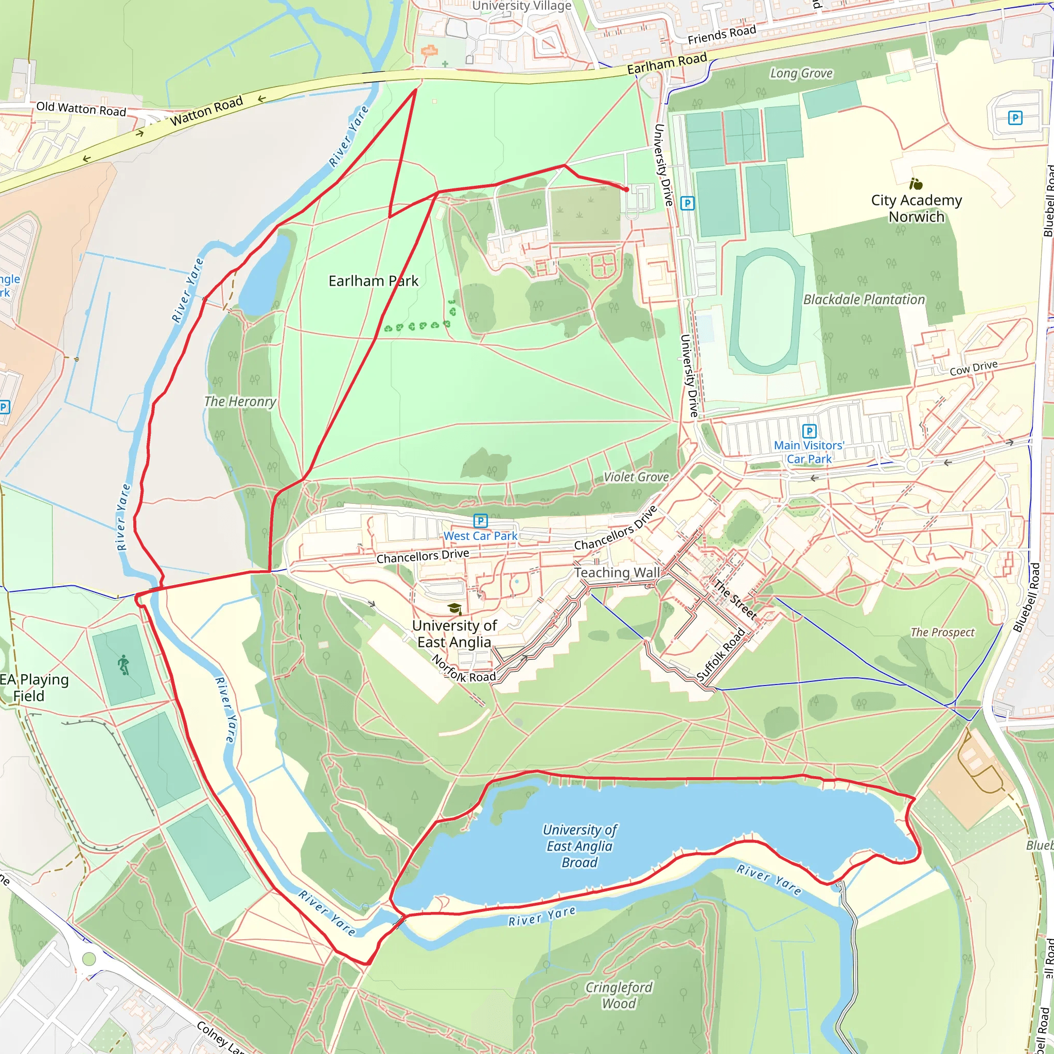 Earlham Park and University of East Anglia Broad Loop mobile static map