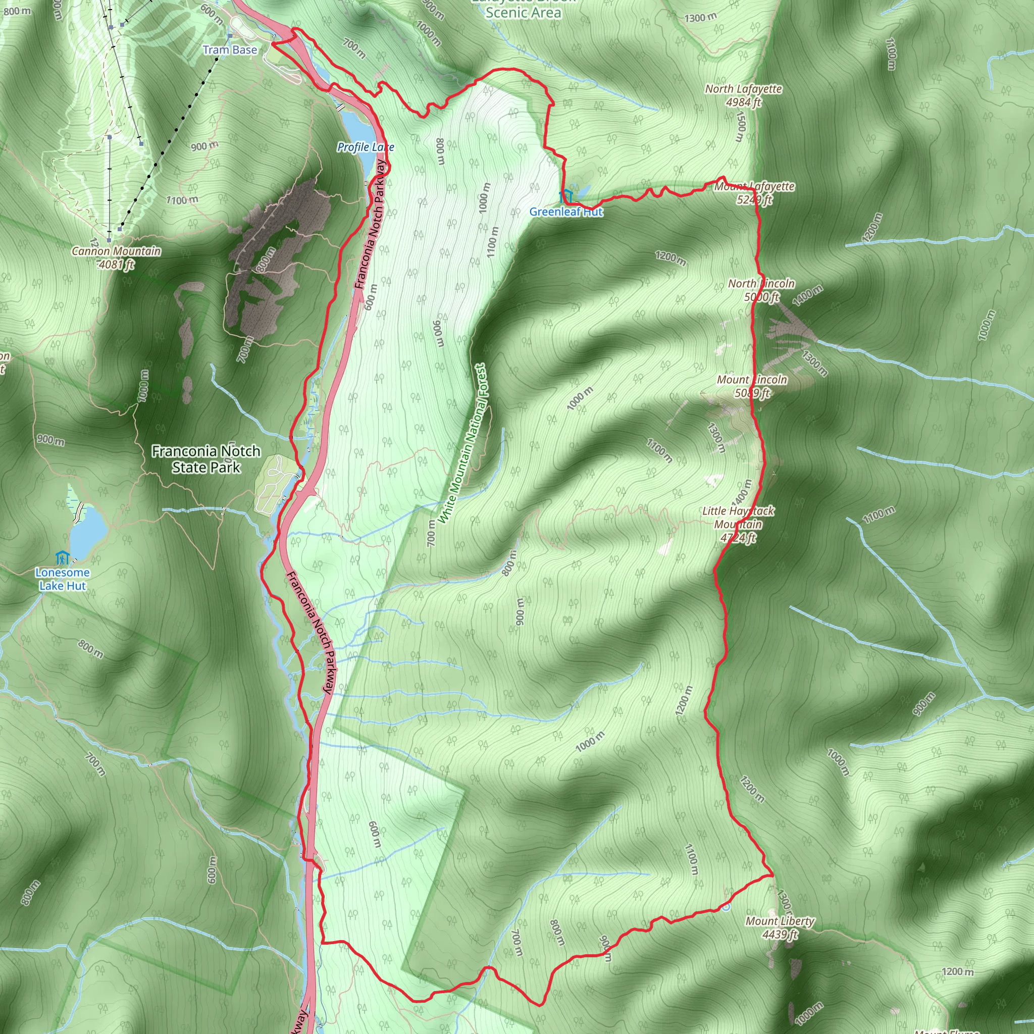Profile Lake, Mount Lafayette and Mount Lincoln via Pemigewasset River mobile static map