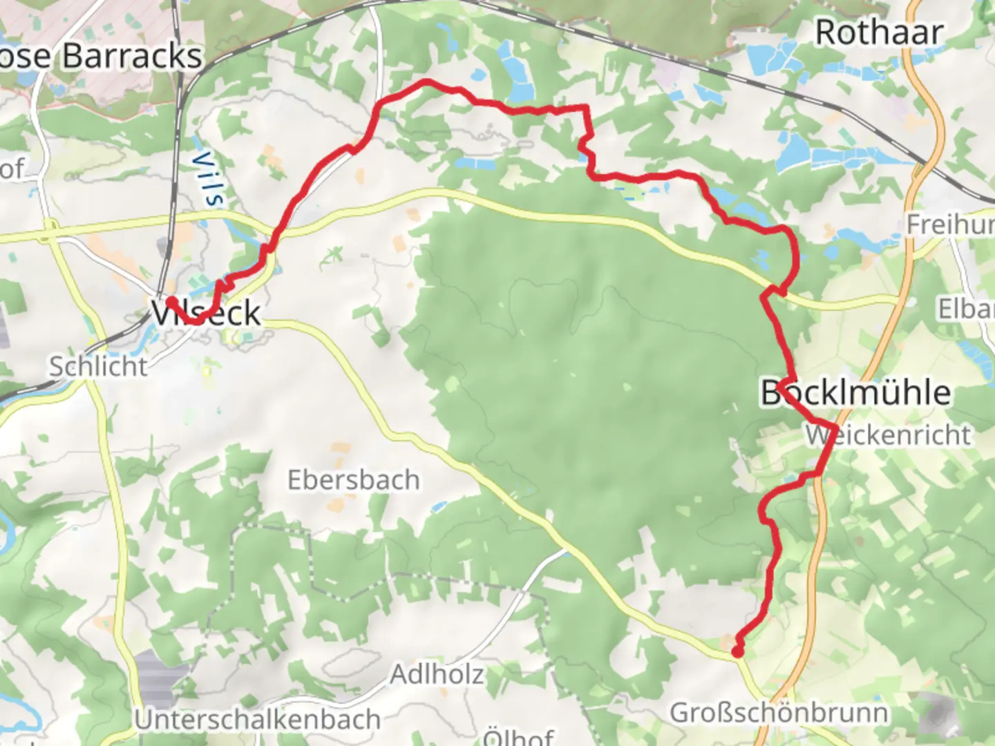 An image depicting the trail Kleinschönbrunn to Vilseck via Vilstal Wanderweg and its surrounding area.
