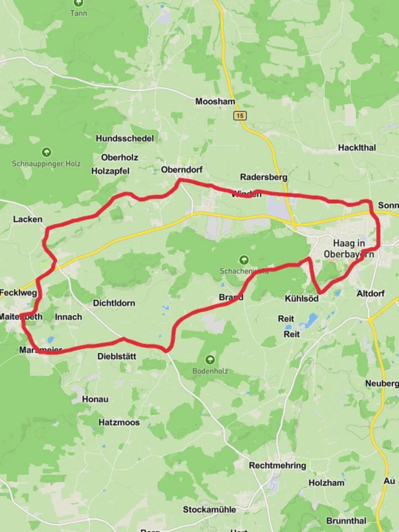 An image depicting the trail Haag in Oberbayern and Maitenbeth Loop and its surrounding area.