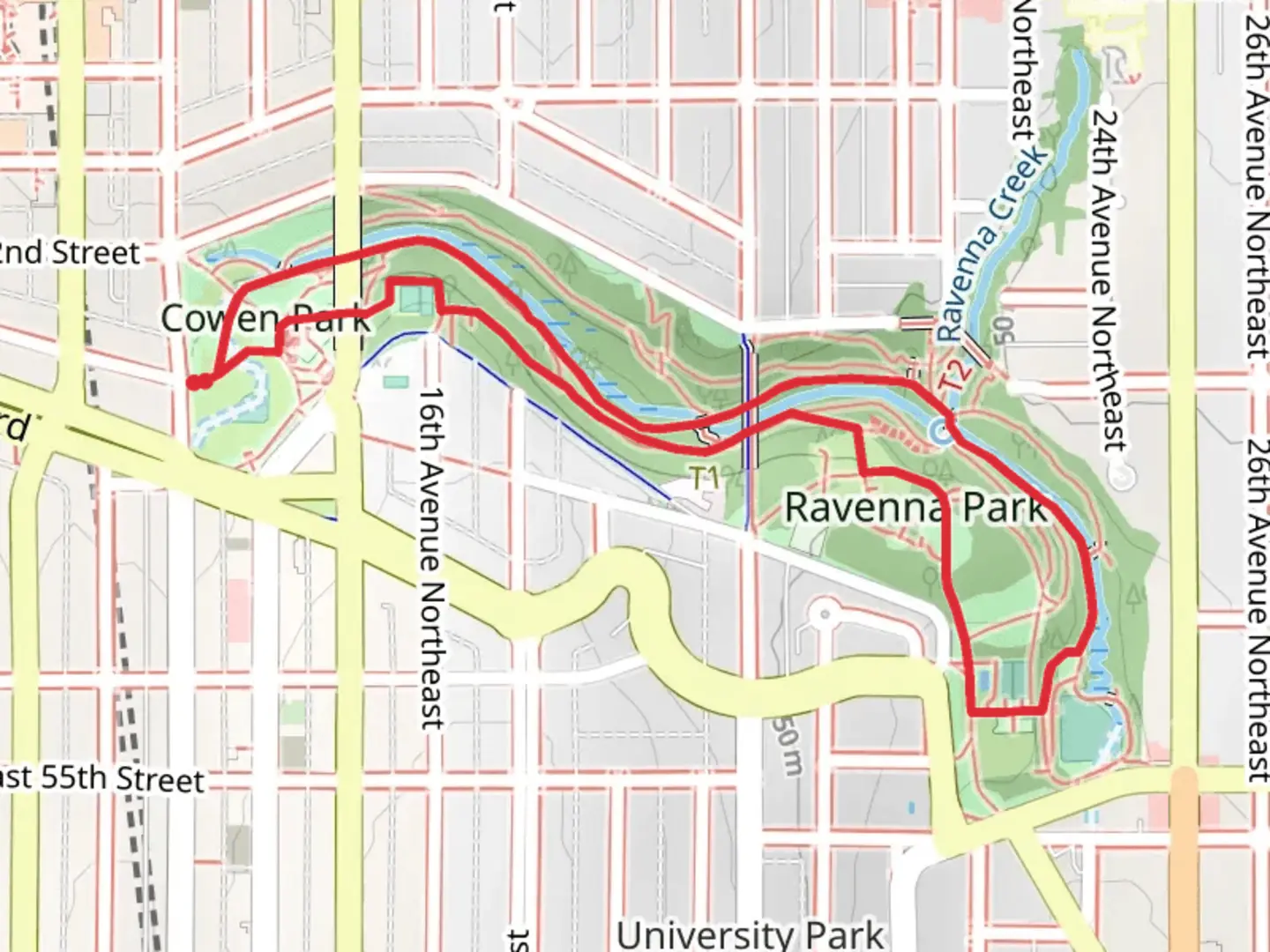 An image depicting the trail Cowen Park and Ravenna Creek Loop and its surrounding area.