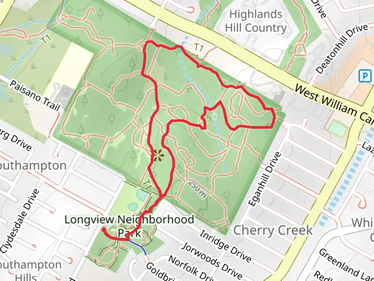 An image depicting the trail Longview Neighborhood Park Loop and its surrounding area.