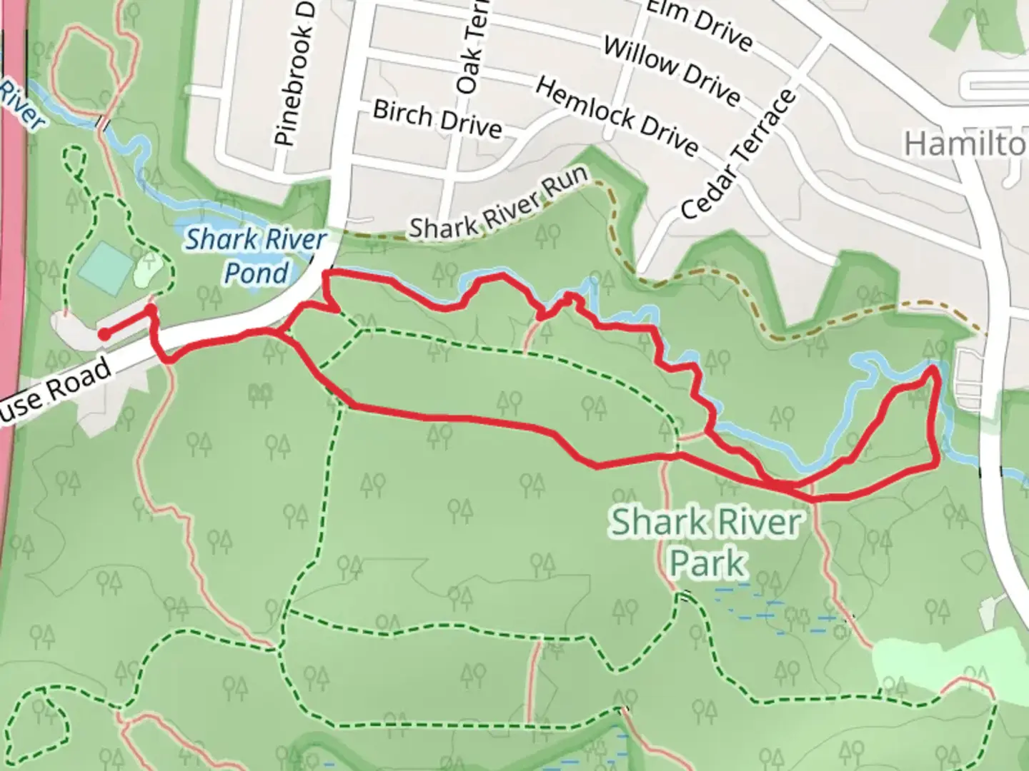 An image depicting the trail Cedar, River's Edge and Hidden Creek Trail Loop and its surrounding area.