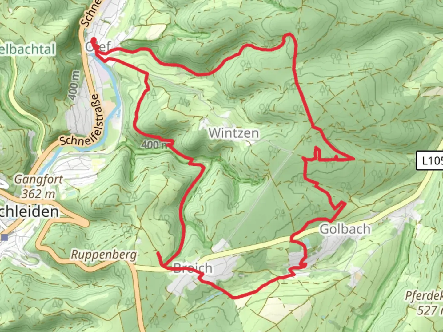 An image depicting the trail Wichelsberg and Broich via Eifelsteig and its surrounding area.