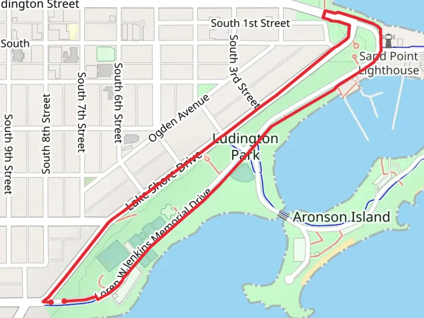 An image depicting the trail Ludington Park Loop and its surrounding area.