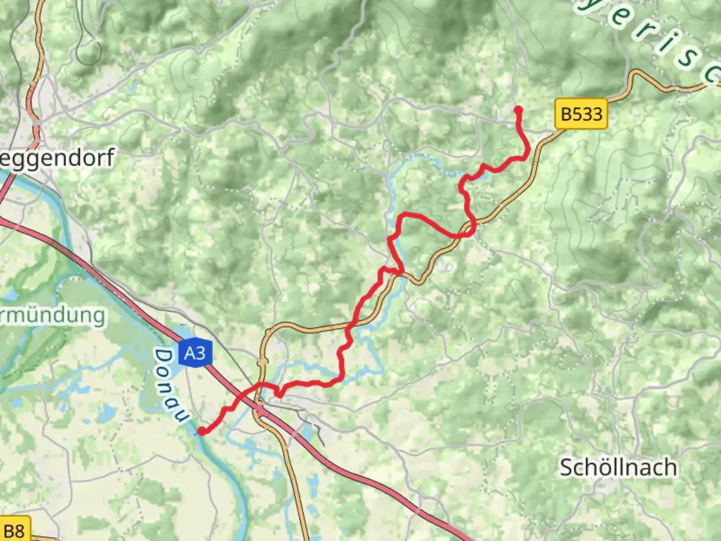An image depicting the trail Niederalteich to Lalling via Gunthersteig and its surrounding area.