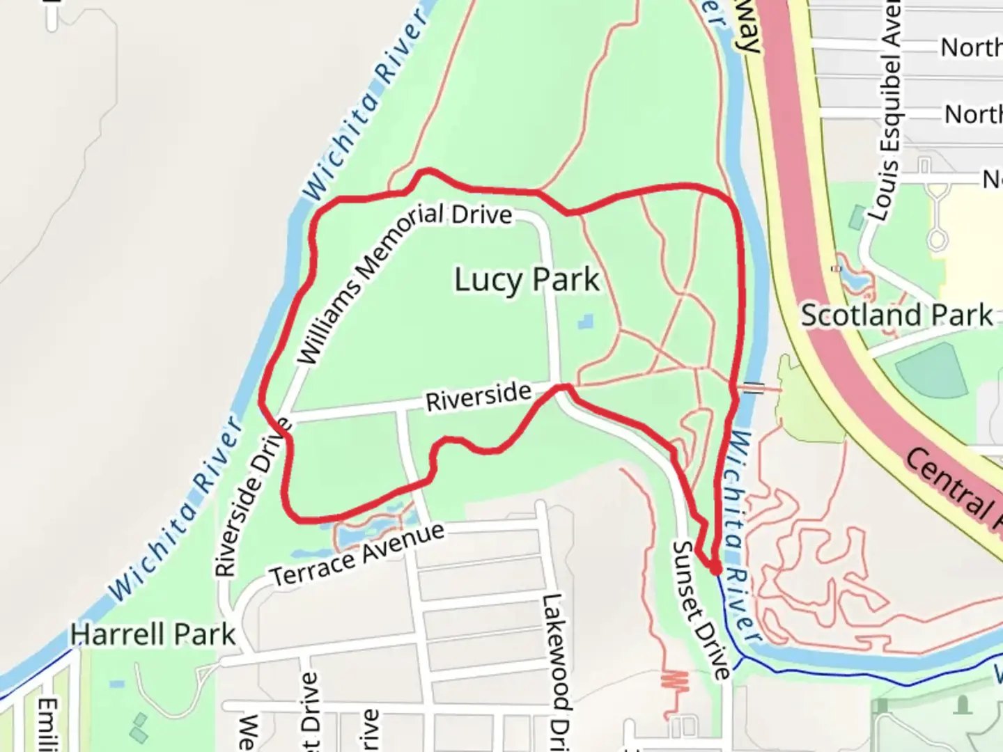 An image depicting the trail Lucy Park and Wichita River Circle Trail and its surrounding area.