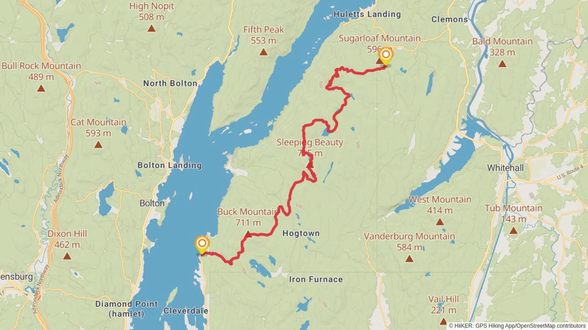 An image depicting the trail Barber Bay to Pike Brook Road via Buck and Black Mountain Trail and its surrounding area.