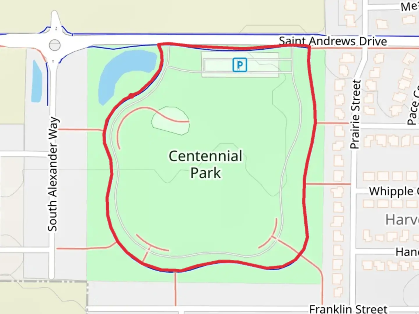 An image depicting the trail Centennial Park Loop and its surrounding area.