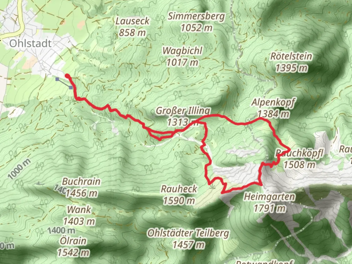An image depicting the trail Ochsenalm and Whs Heimgartenhuette Loop and its surrounding area.