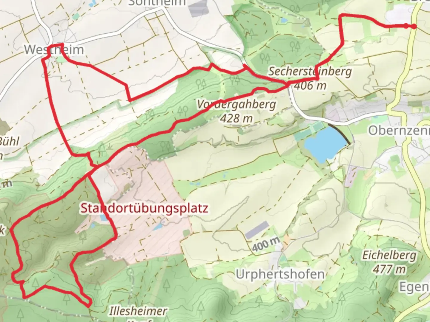 An image depicting the trail Sechersteinberg and Standortubungsplatz Loop and its surrounding area.