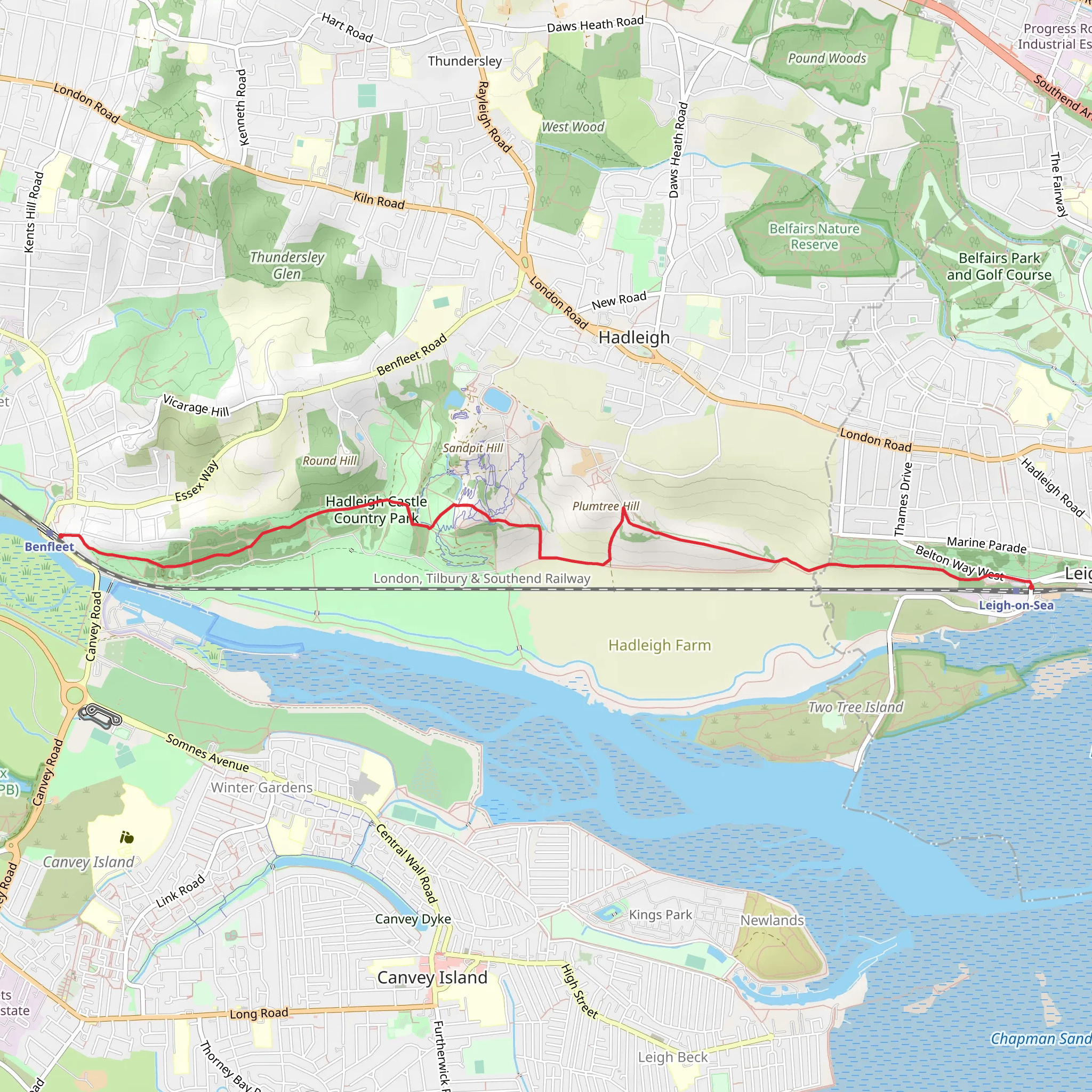 Benfleet Downs and Hadleigh Country Park via Saffron Trail mobile static map