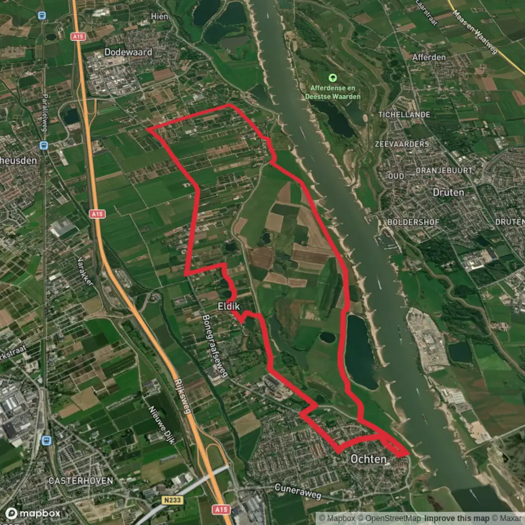 An image depicting the trail Ochtensche Buitenpolder via Bonegraafse Weg and Oude Veer Weg and its surrounding area.