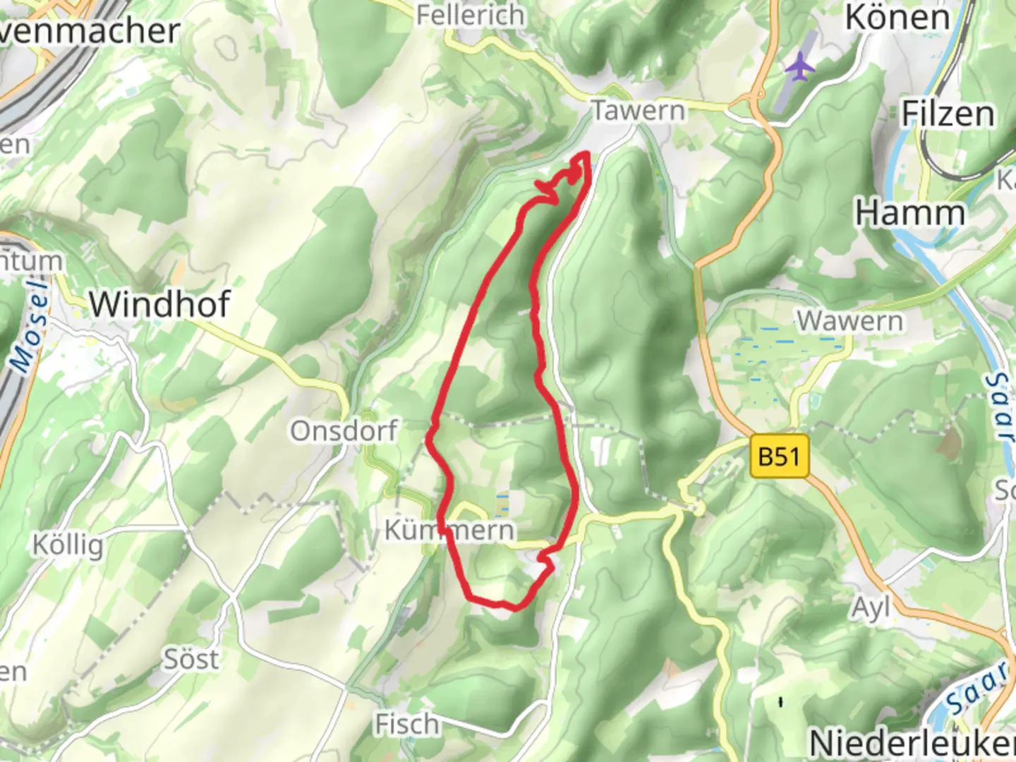 An image depicting the trail Metzenberg, Imrother Acker and Mannebach Muhle Loop and its surrounding area.