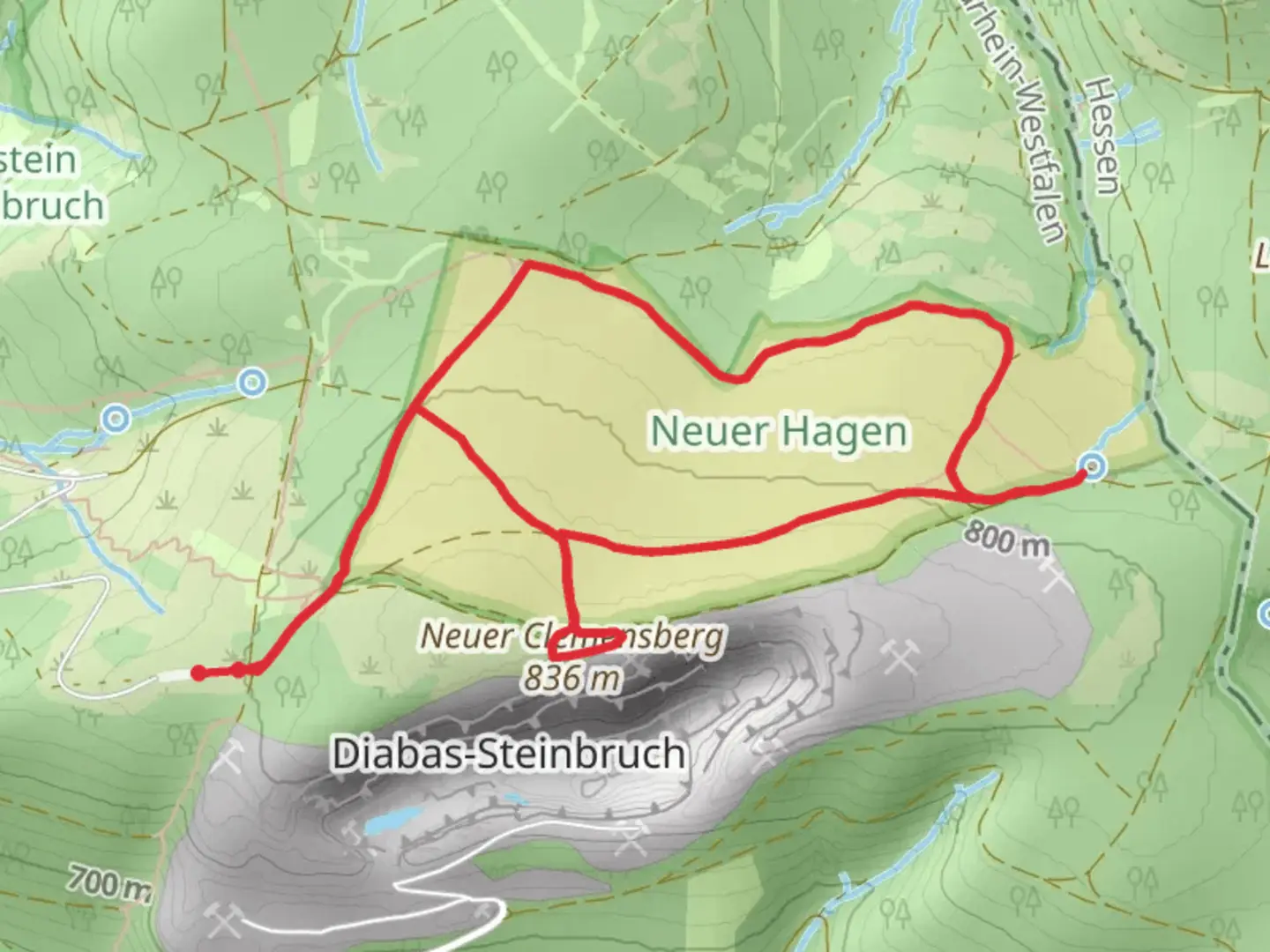An image depicting the trail Naturschutzgebiet Neuer Hagen and Aolsharfe Loop and its surrounding area.