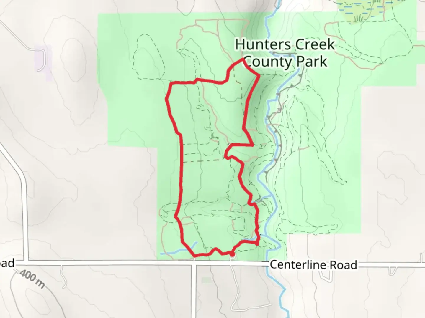 An image depicting the trail Hunters Creek County Park Loop and its surrounding area.