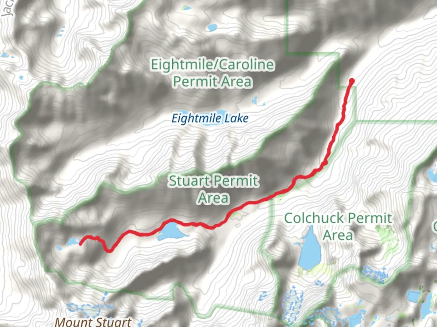 An image depicting the trail Horseshoe Lake via Stuart Lake Trail and its surrounding area.