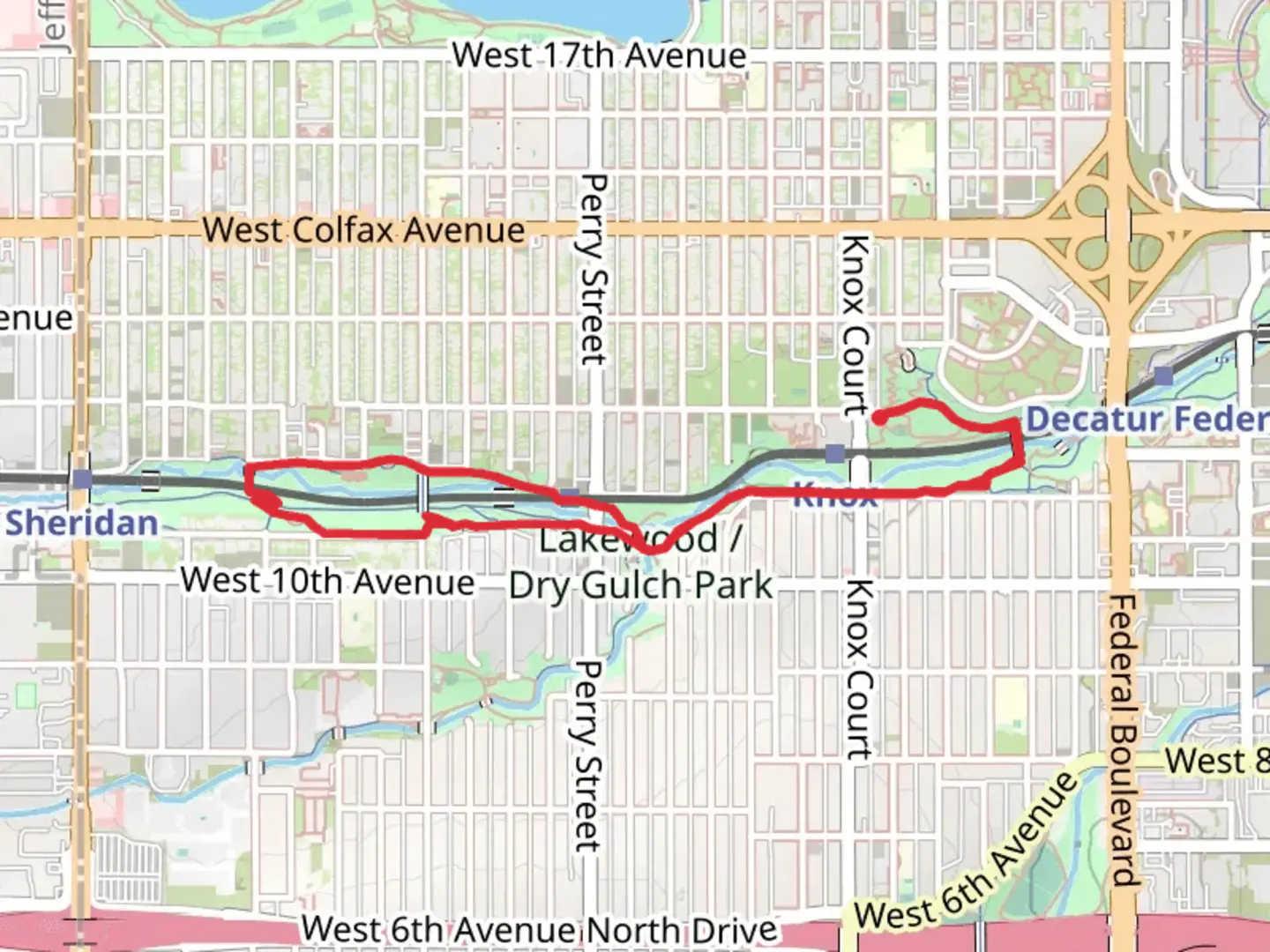 An image depicting the trail Lakewood - Dry Gulch Park Loop and its surrounding area.