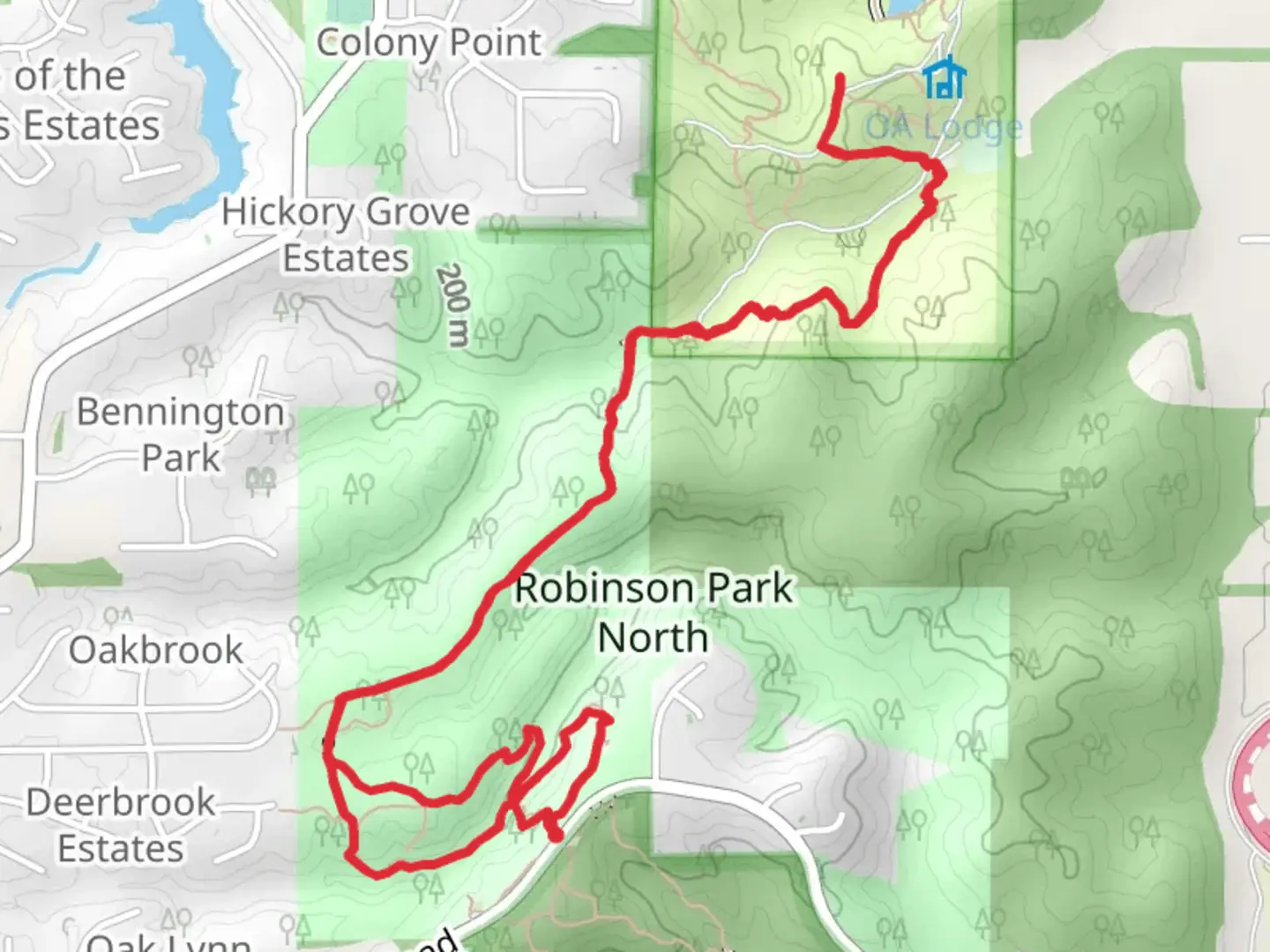 An image depicting the trail Robinson Park North and Illinois River Bluff Trail and its surrounding area.