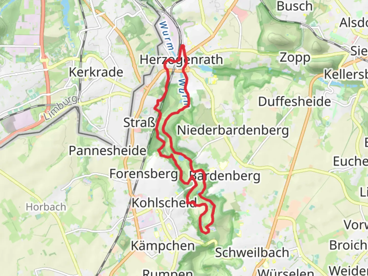 An image depicting the trail Grenzland Weg and Herzogenrath and its surrounding area.